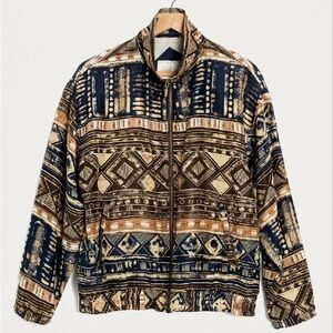 Vintage Silk Urban One-of-a-Kind Brown Boho Bomber Jacket Geometric L